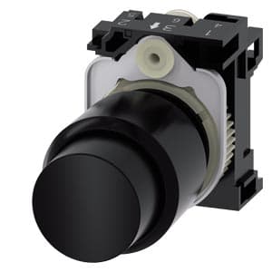 SIEMENS PUSHBUTTON, 3SU, COMPACT WITH EXTENDED STROKE (12 mm), 22 mm, ROUND, PLASTIC, BLACK, PUSHBUTTON, RAISED, MOMENTARY CONTACT TYPE WITH HOLDER