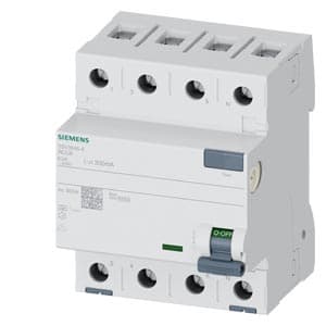 SIEMENS RCBO, RESIDUAL CURRENT PROTECTIVE DEVICES, 5SV3, N CONNECTION, RIGHT, 3P+N; 400 V AC ; 50 Hz, 300mA, 63A